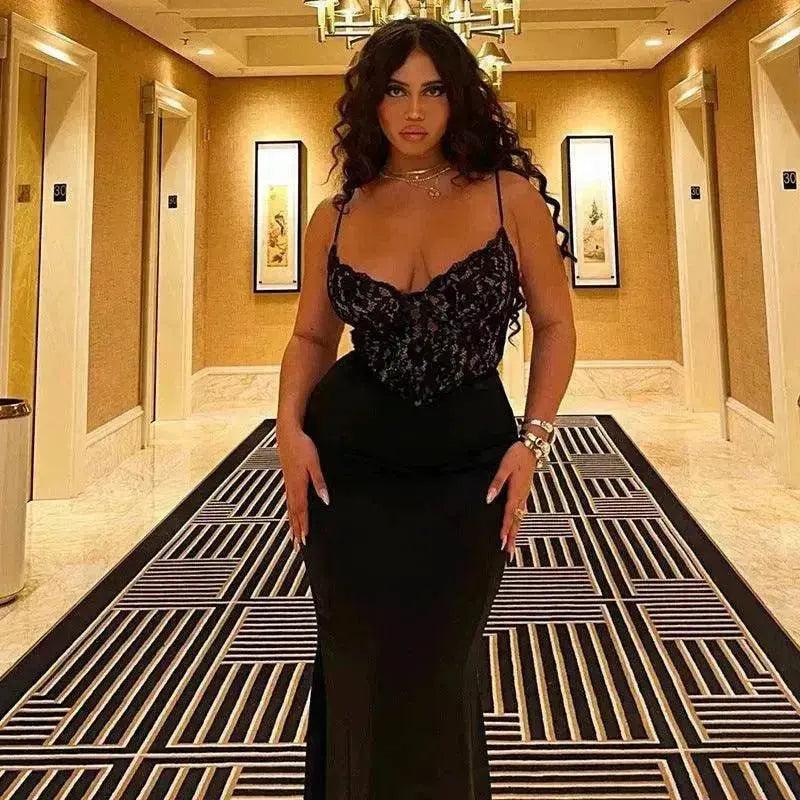 Women's Lace Jacquard Stitching Sheath Dress with V-Neck, Bare Chest and Suspenders Design - EX-STOCK Canada
