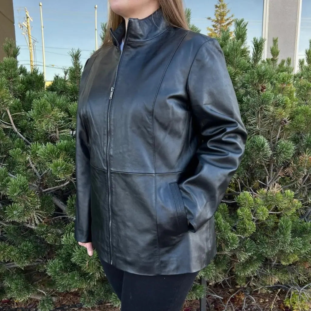 Chaqueta de cuero de cordero para mujer con cremallera y doble bolsilloEX-STOCK Canada
