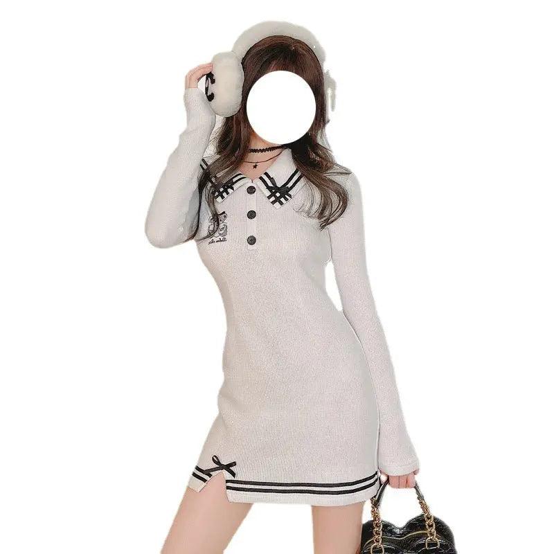 Robe moulante en laine tricotée thermique avec col rond brodé pour femmes - EX-STOCK Canada