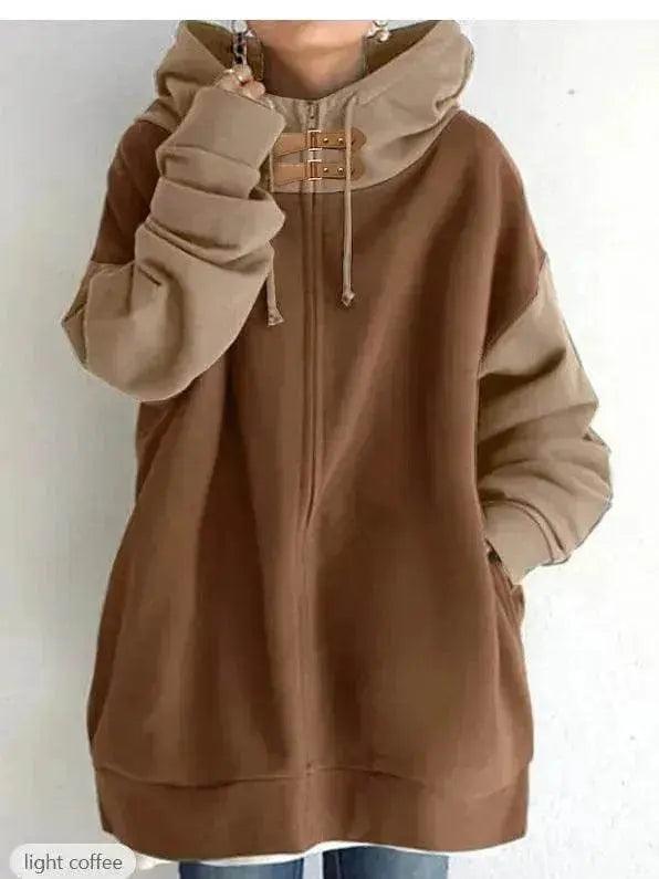 Pull à capuche long à manches longues pour femmes en patchwork de couleurs avec fermeture éclair - EX-STOCK Canada