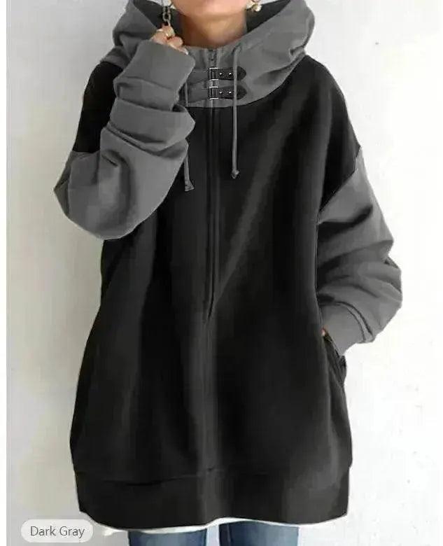 Pull à capuche long à manches longues pour femmes en patchwork de couleurs avec fermeture éclair - EX-STOCK Canada