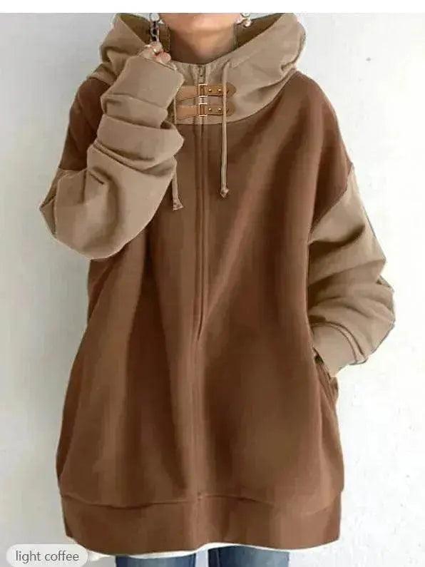 Pull à capuche long à manches longues pour femmes en patchwork de couleurs avec fermeture éclair - EX-STOCK Canada