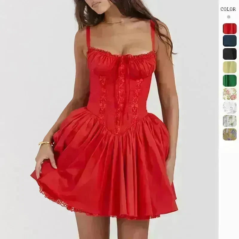Elegant Chic Women Suspender Mini Skater Dress Summer Fashion Lace-up Slim Waist Pleated Short Dresses For Evening Party Cocktail Occasions - EX-STOCK CANADA