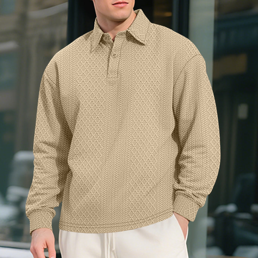 Texture Jacquard Solid Color Men's Long-sleeved Polo Shirt Lapel Loose Sweater EX-STOCK Canada
