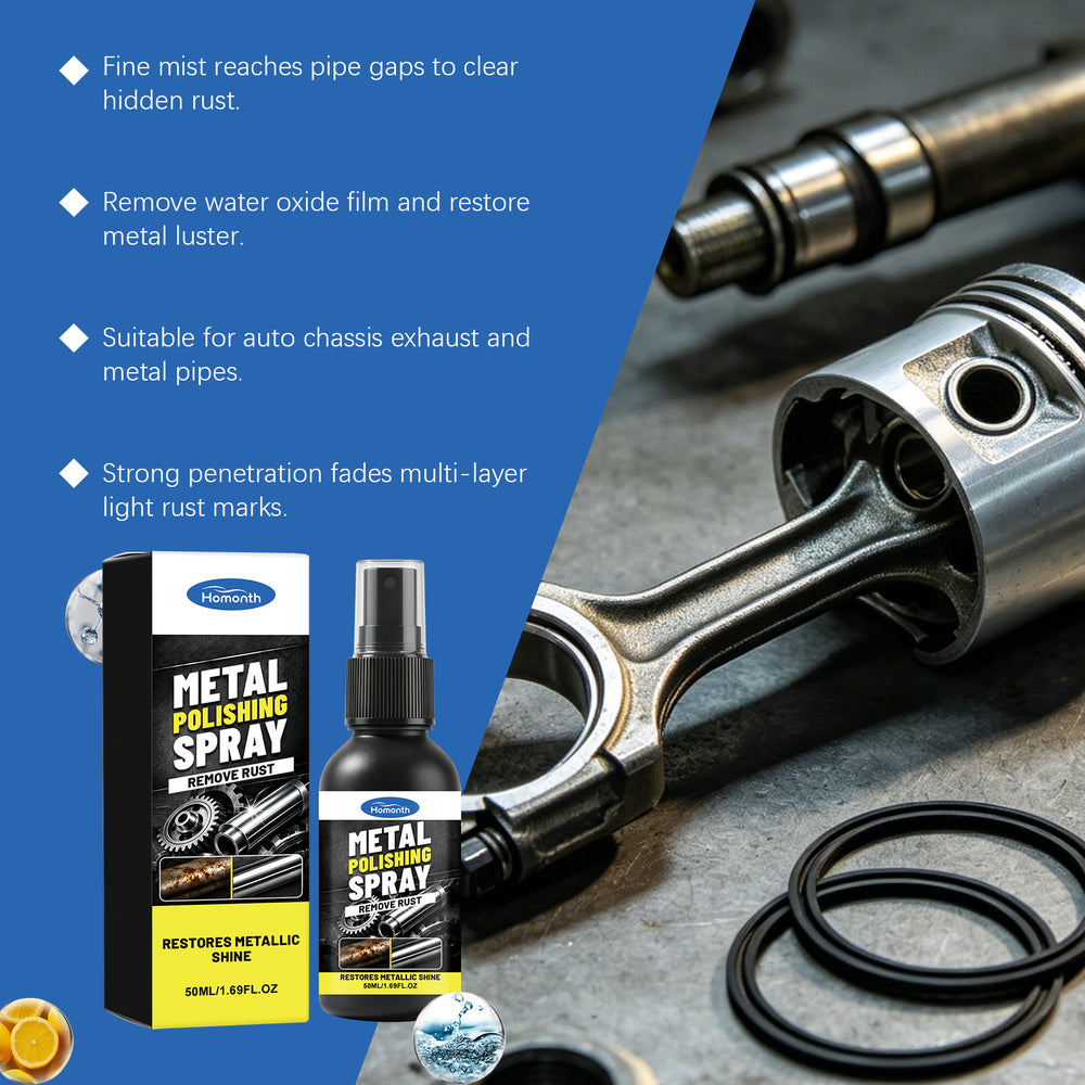 Halcom Metal Polishing Spray bottle and box shown beside an open piston rod and O-rings on a metal surface, with a blue text panel listing benefits and product claims.