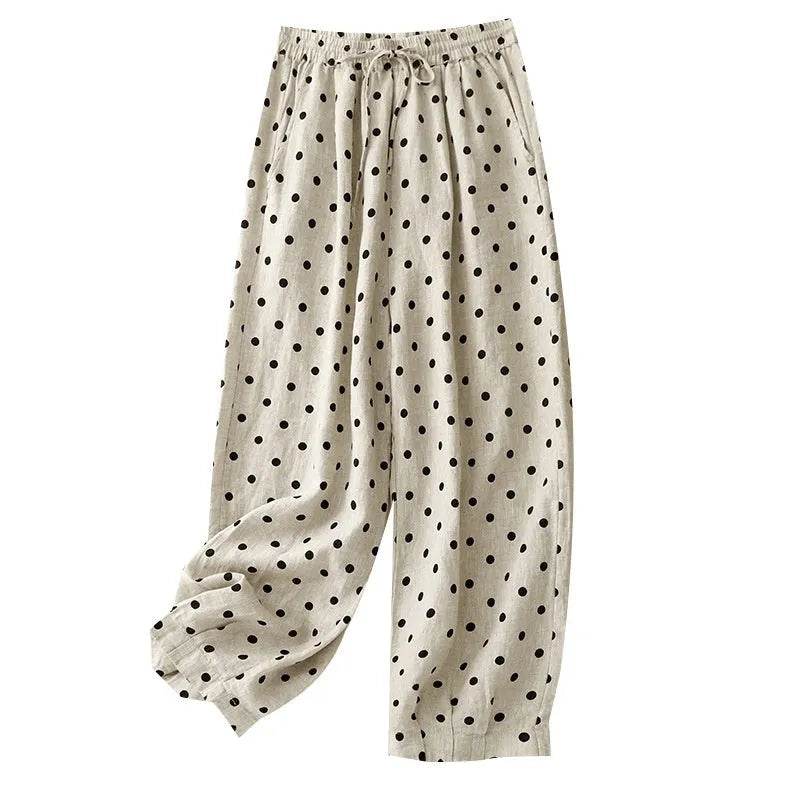 Cotton Hemp Polka Dots Tied Elastic Waist Harem wide leg trouser Pants For Women - EX-STOCK Canada