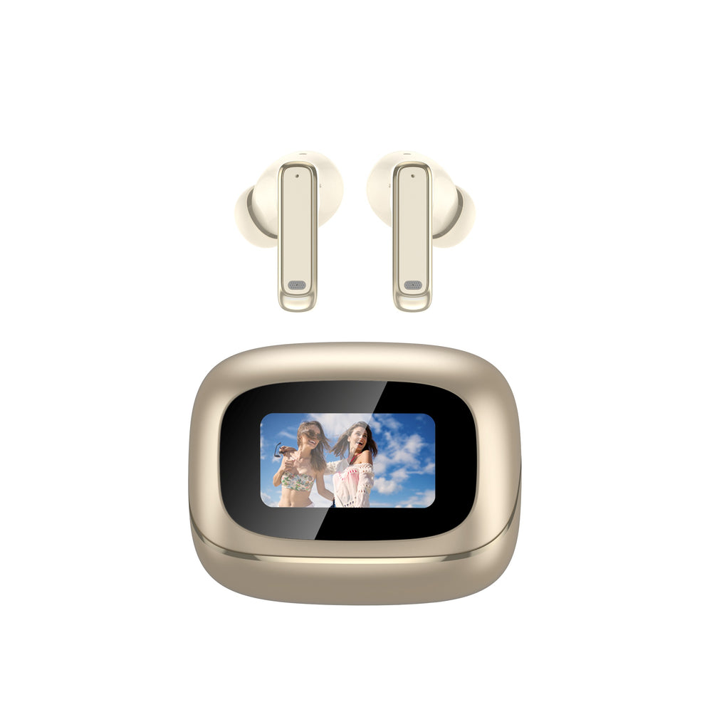 A pair of wireless earbuds above their matching charging case on a plain white background. The earbuds and case have a warm champagne-gold metallic finish, while the screen on the case displays a colorful photo of two women outdoors.