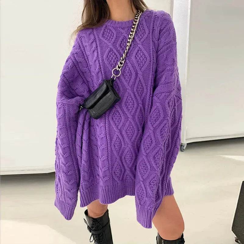 Casual Oversize Hip pop style Round neck Knitted Twist Sweater dress - EX-STOCK Canada