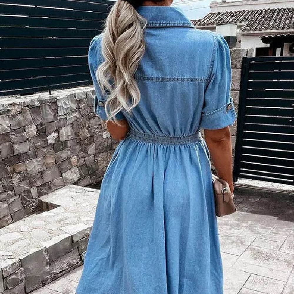 Women's Fashion Casual short sleeve button down Denim midi Dress - EX-STOCK Canada