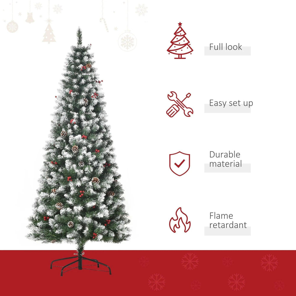 6ft Decorated Christmas Tree With Red Berries And Pine Cones, Flocked Christmas Tree With Pencil Shape, Green EX-STOCK Canada