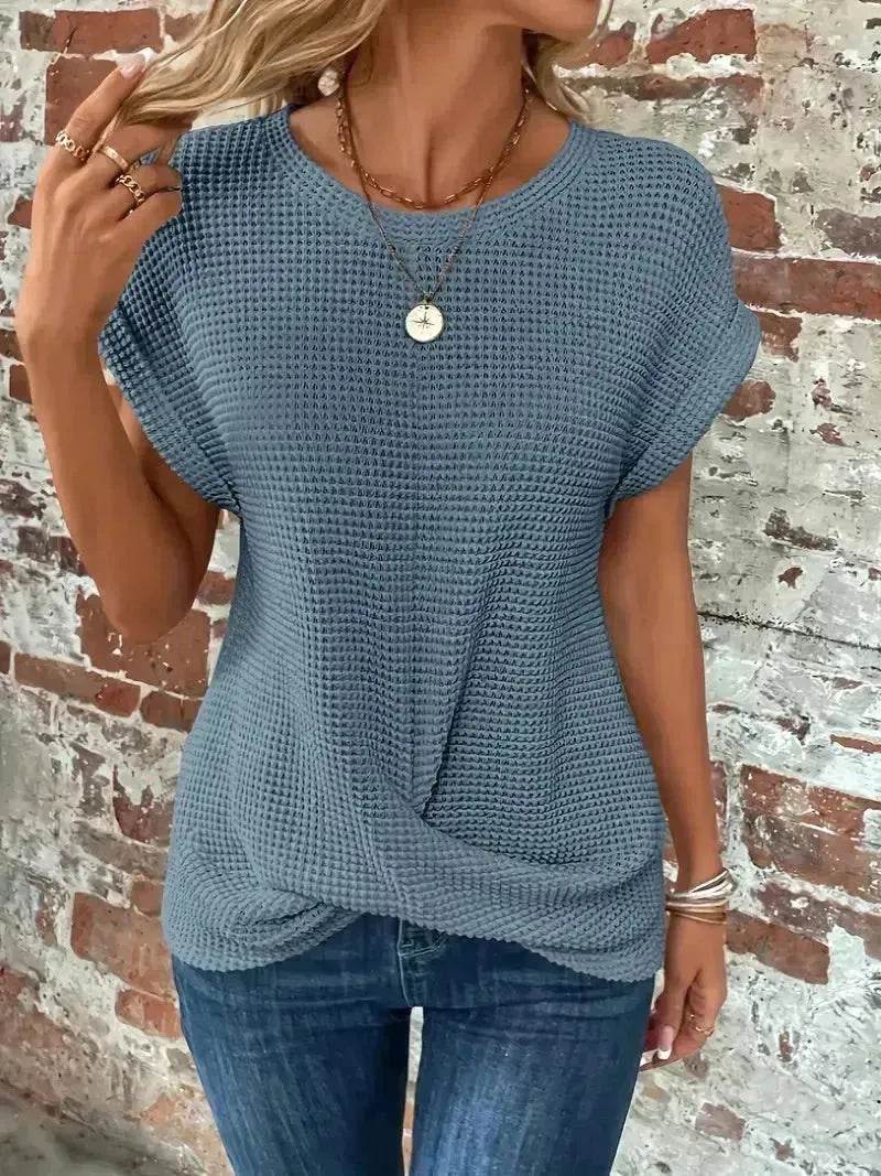 Casual Summer Short-sleeved Waffle blouse Top Summer New Solid Color Casual Evening Top For Women - EX-STOCK Canada