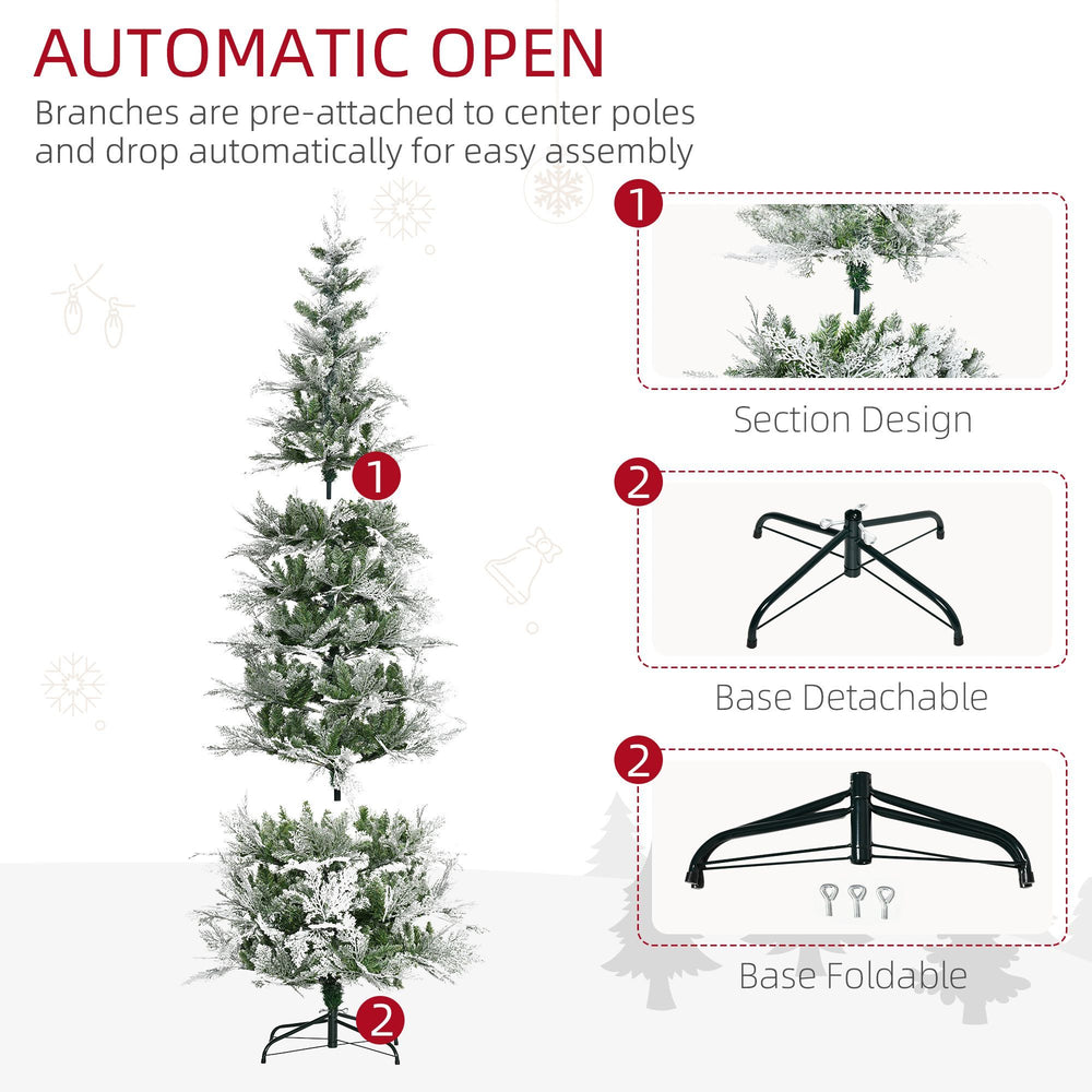 7.5 Feet Pencil Snow Flocked Artificial Christmas Tree With 880 Realistic Cypress Branches, Auto Open, Green EX-STOCK Canada