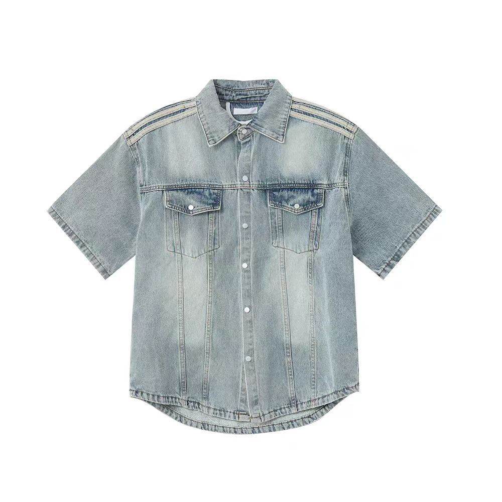 Retro Side Three Bar Stripes Short Sleeve Denim Shirt Outfit Men Jeans - EX-STOCK Canada