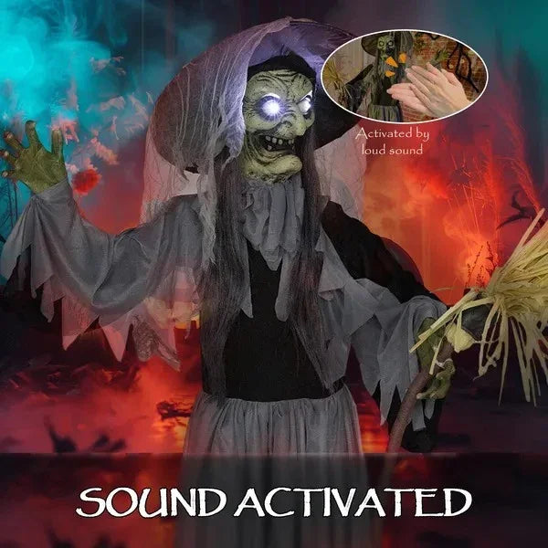 Animatronics Standing Witch, Voice-Activated Prop, Spinning Head & Flashing Eyes, Easy Setup Indoor, Black EX-STOCK Canada