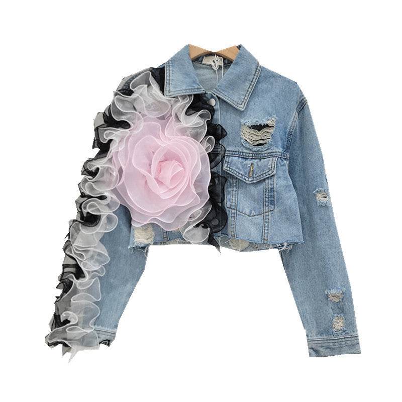 Elegant women fashion embroidered cropped Ripped blue Denim Jacket - EX-STOCK Canada