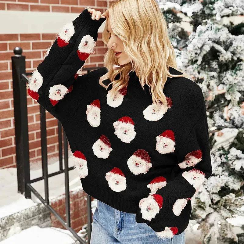Christmas Sweater Women Cute Cartoon Santa Print Knit Sweater Winter Tops - EX-STOCK Canada