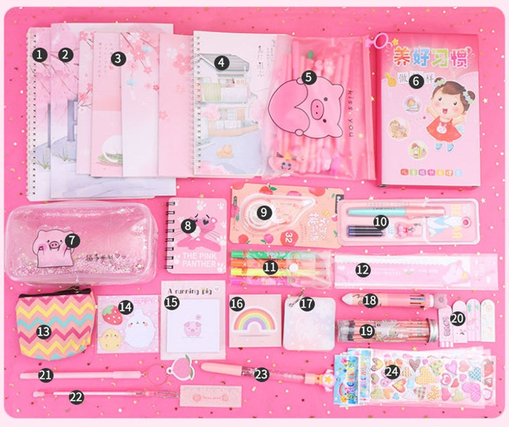 Set of stationery items including notebooks, pens, and a pencil case on a pink background.