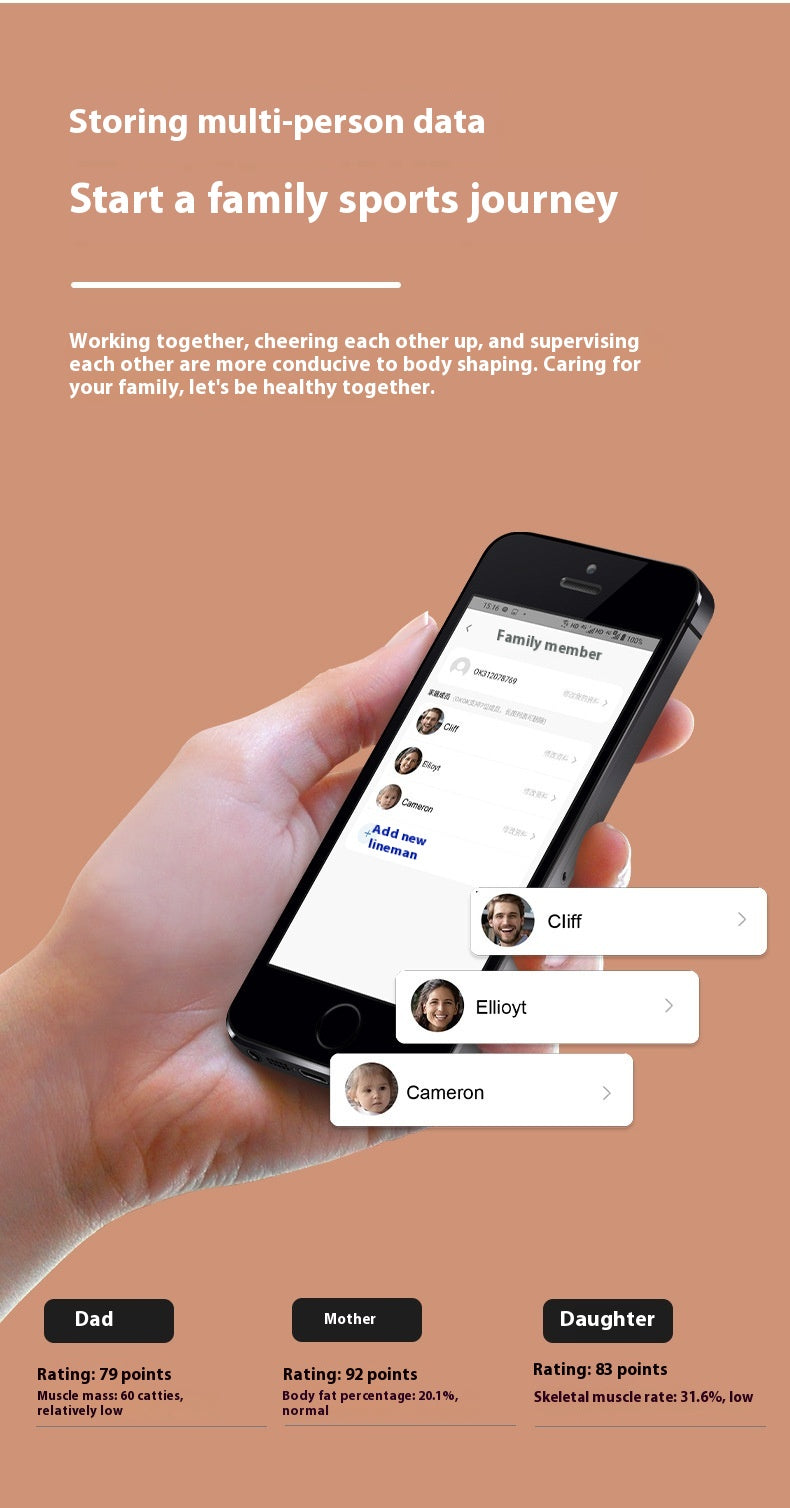 A hand holds a smartphone displaying a family sports app interface on a warm peach background with marketing text about storing multi-person data and family sports journey. Small stat cards for Dad, Mother, and Daughter appear at the bottom.