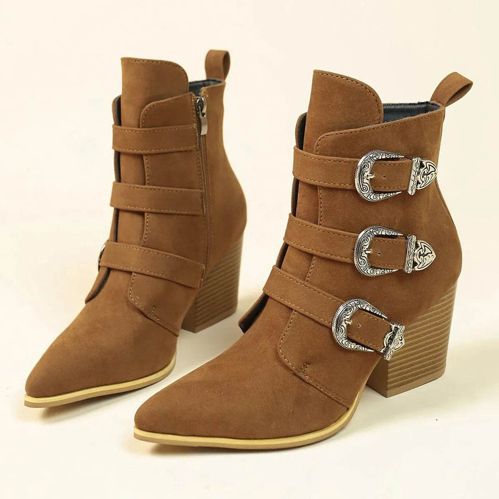 Chunky Heel Pointed Toe Boots With Belt Buckle Design Retro Mid-calf Boot Fashion Fall Winter Shoes For Women - EX-STOCK Canada