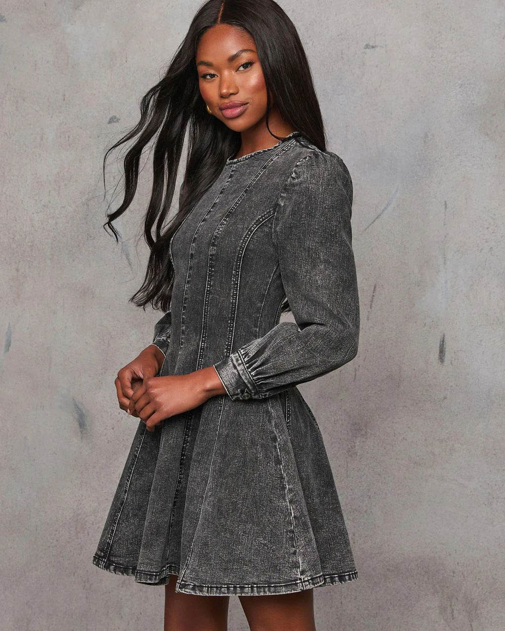 Elegant Patchwork Waist-slimming Women's Denim Long Sleeve Dress - EX-STOCK Canada