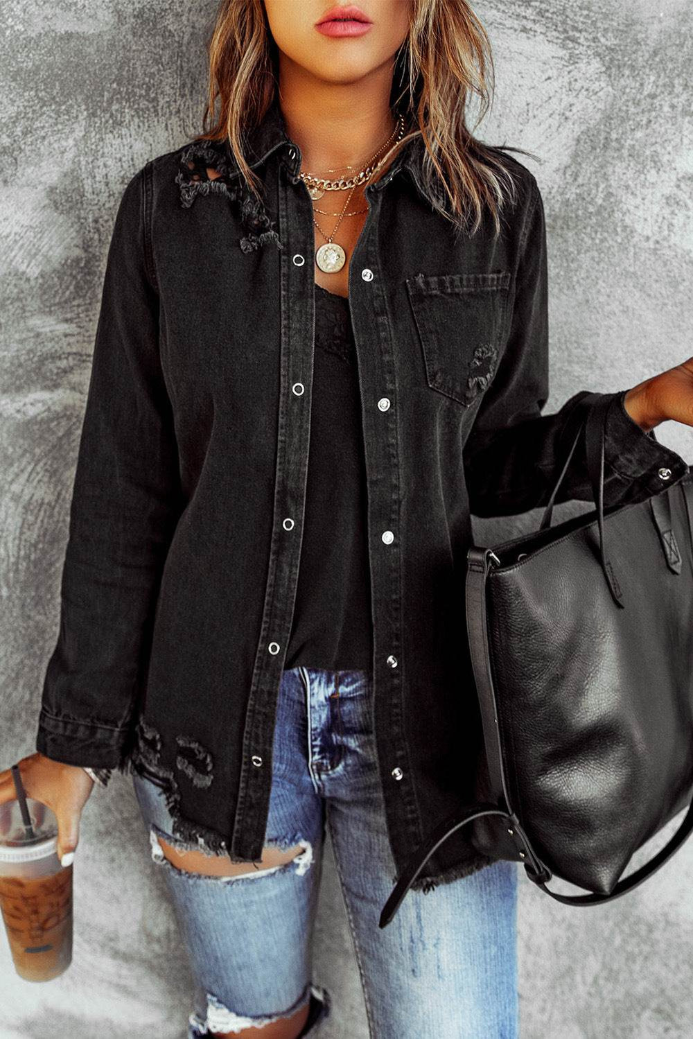 Black Ripped Shirt Denim Long Sleeve Coat Jacket Women - EX-STOCK Canada