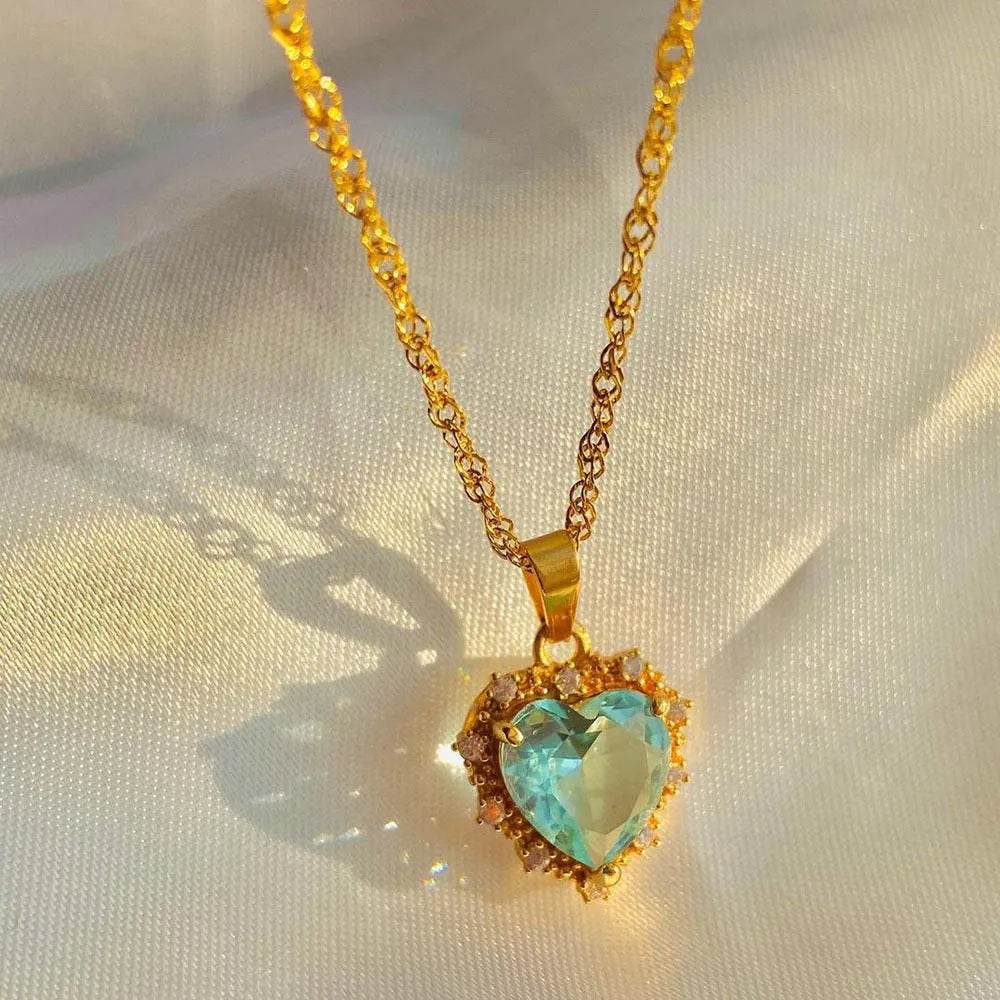 Colorful Rhinestones Heart-shped Necklace Love Gold Clavicle Chain Ins Personalized Jewelry For Women Valentine's Day - EX-STOCK Canada