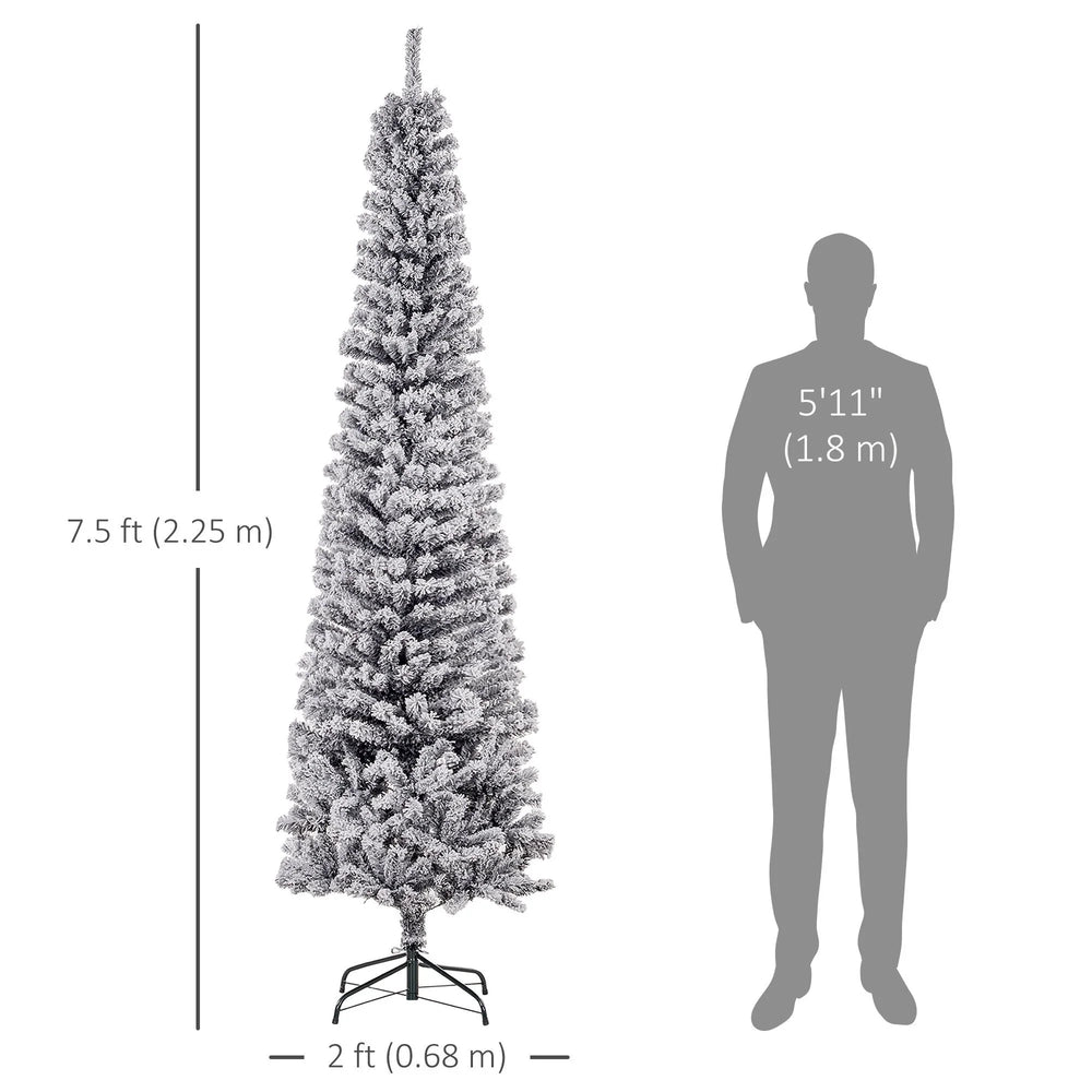 7.5ft Flocked Christmas Tree, Pencil Christmas Tree With Realistic Branch Tips, Folding Metal Stand, Black EX-STOCK Canada