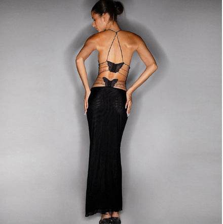 Halter neck Spaghetti Backless Butterfly Design Spring Summer long dress - EX-STOCK Canada