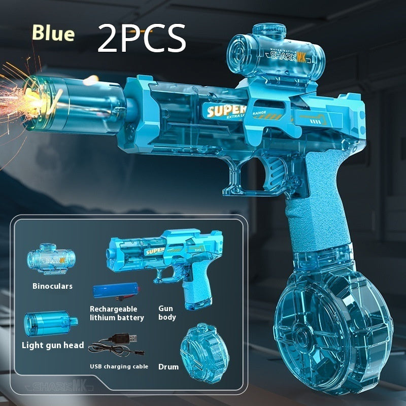 Blue toy gun with accessories on a dark background