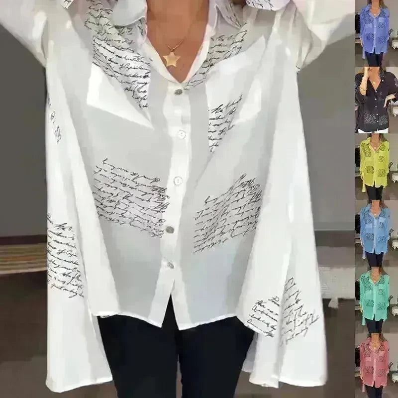 Letter Print Long Sleeve Shirt Fashion Commuter Style Lapel Shirt Women's Clothing - EX-STOCK CANADA