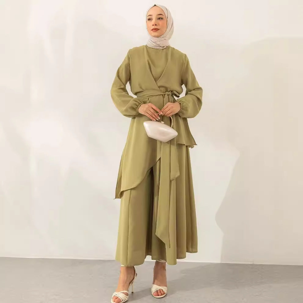 Muslim Style Solid Color Fashion Lace-up Wide-leg Pants Set - EX-STOCK Canada
