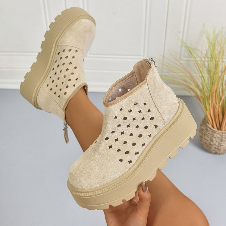 Women's Perforated Platform Ankle Boots, Back Zipper Breathable Wedge Booties, Casual Chunky Sole Cutout Boots