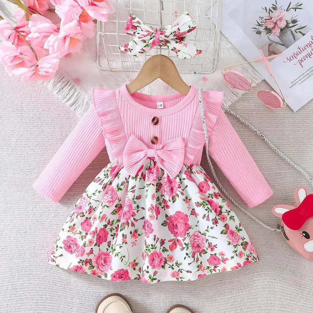 Newborn baby girl Winter floral Printed Bow Dress Suit Baby girl Dress outwear for girls plus head bowtie Baby girl pink dress - EX-STOCK Canada