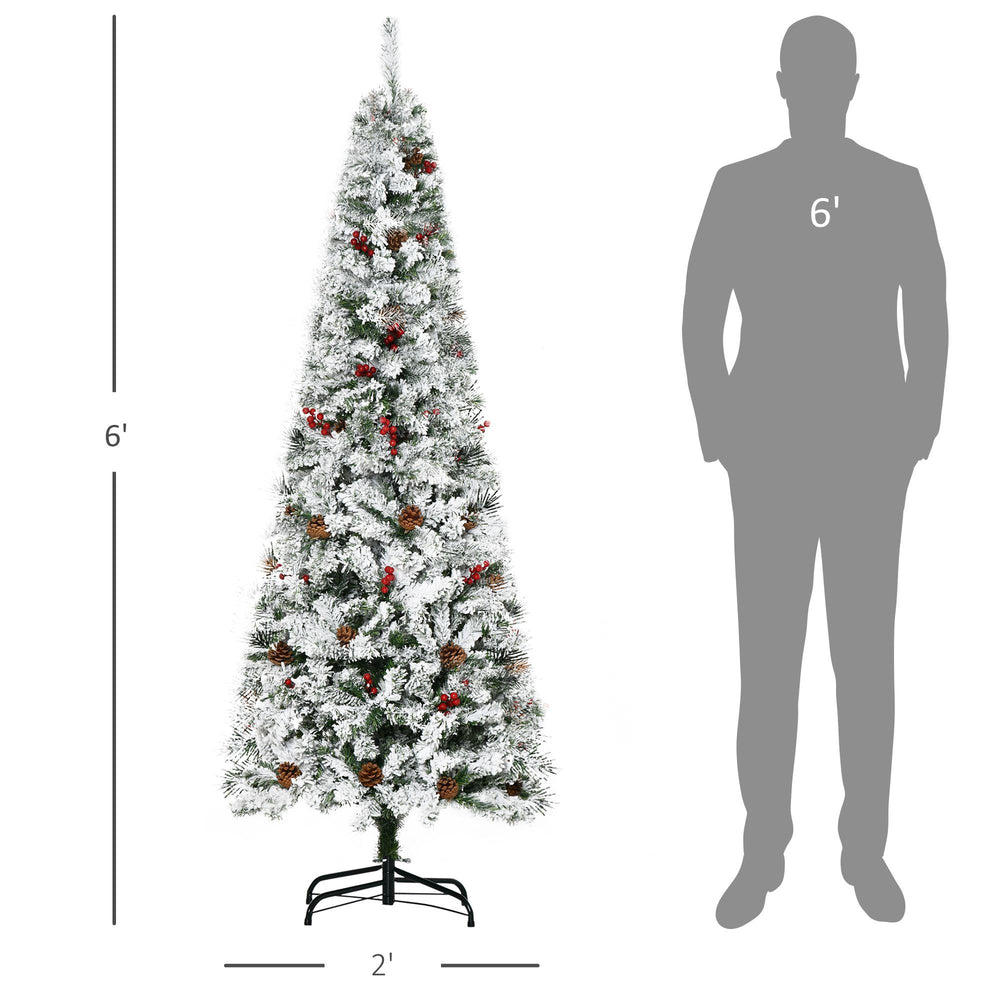 6 Foot Pencil Snow Flocked Artificial Christmas Tree With 600 Pine Realistic Branches, Pine Cones, Red Berries, Auto Open, Green EX-STOCK Canada