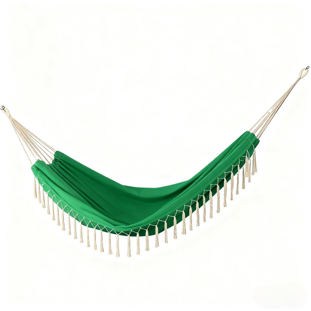 A green fabric hammock with cream-colored rope suspension cords and matching tassels, shown against a plain white background.