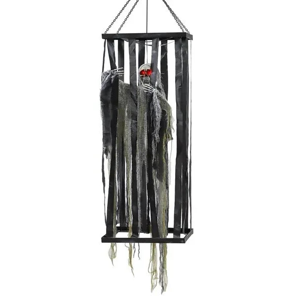 Animatronics Hanging Skeleton Reaper In Cage, Voice-Activated Prop With Flashing Eyes, Easy Setup Indoor EX-STOCK Canada