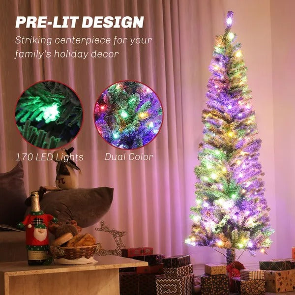 6ft Prelit Pencil Artificial Christmas Tree, Flocked Xmas Tree With Remote, Dual Colour LEDs, 429 Tips, Metal Stand EX-STOCK Canada