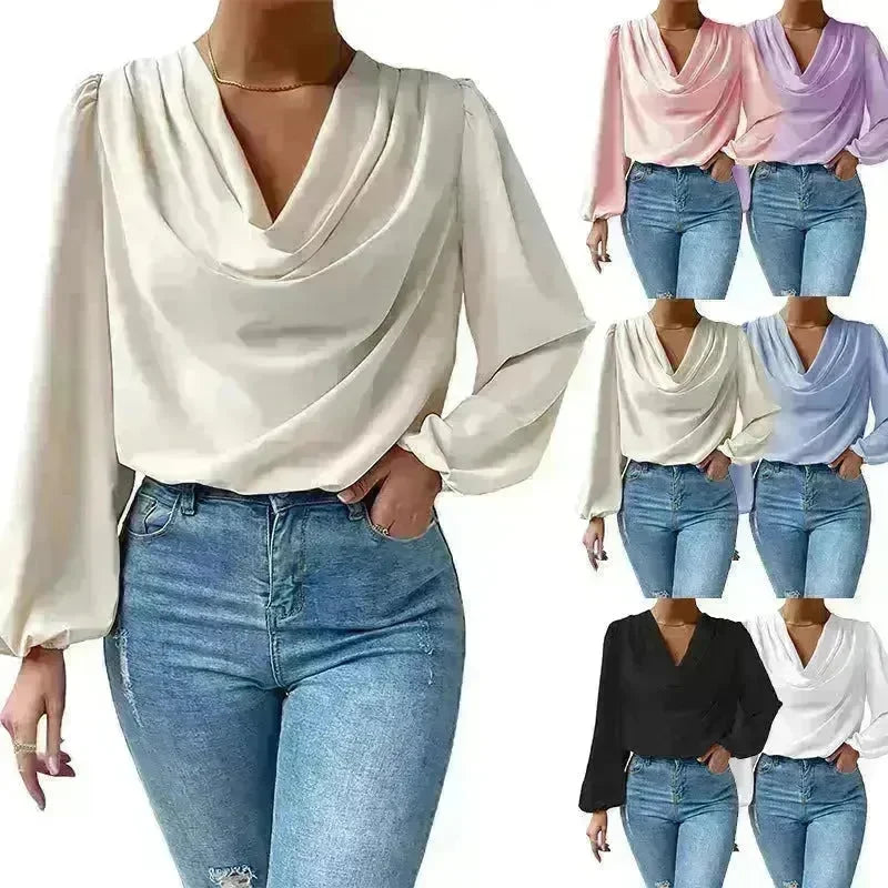 Casual Evening Top for Women Long-sleeved Shirt Loose V-neck chiffon blouse Top women - EX-STOCK CANADA