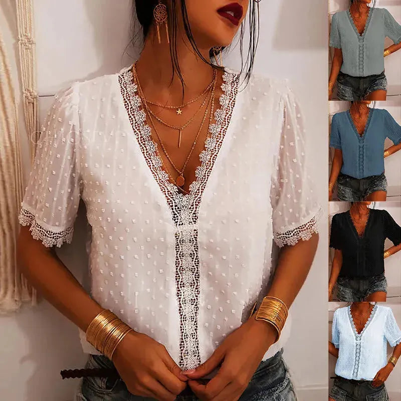 Women Chiffon blouse top European And American spring summer Embroidered Lace Short-Sleeved Blouse Women - EX-STOCK CANADA