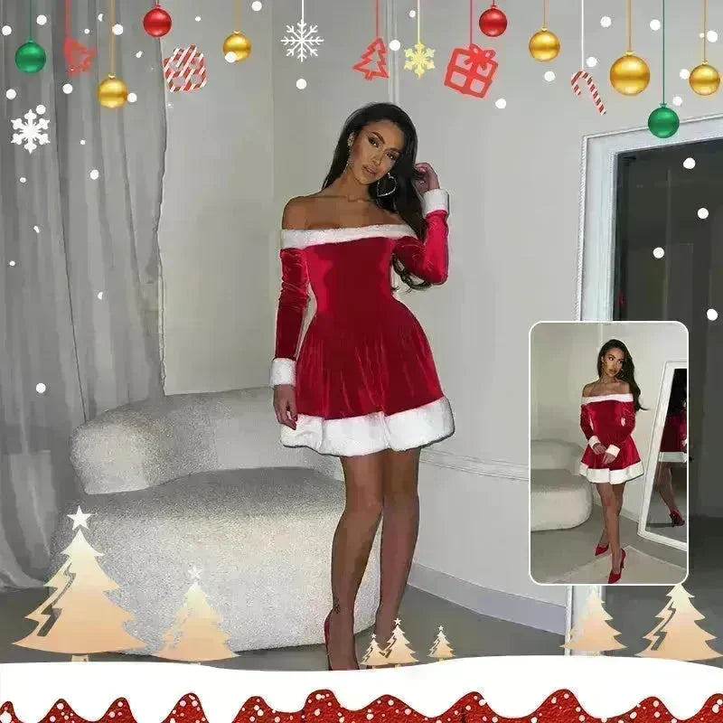 Women's Christmas Costume Santa Dress Plush Trim Boat-Neck Off-Shoulder Sleeve Dress New Year Party Cosplay Costume - EX-STOCK CANADA