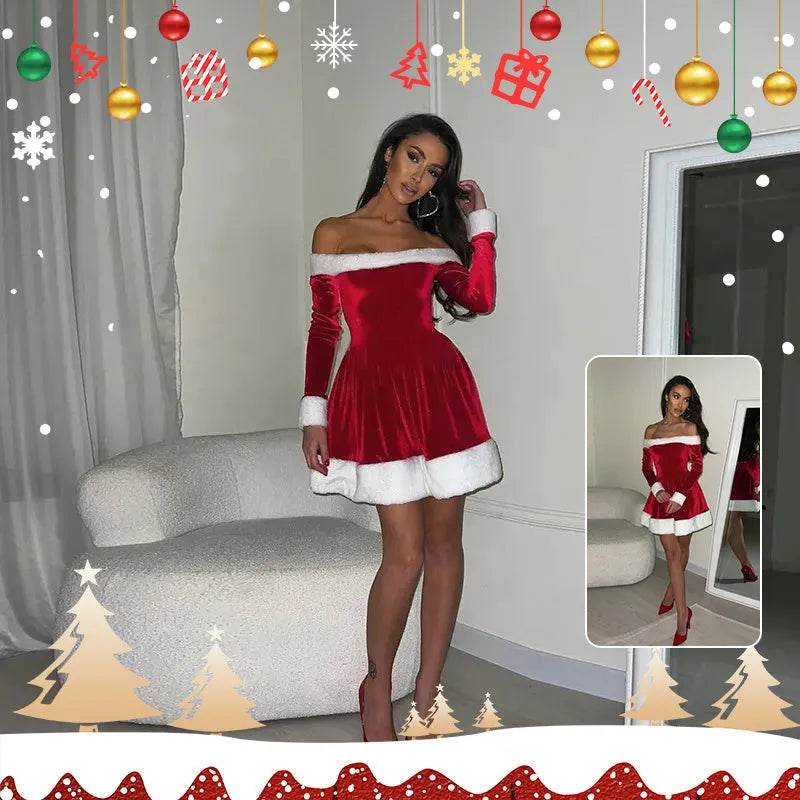 Women's Christmas Costume Santa Dress Plush Trim Boat-Neck Off-Shoulder Sleeve Dress New Year Party Cosplay Costume - EX-STOCK Canada