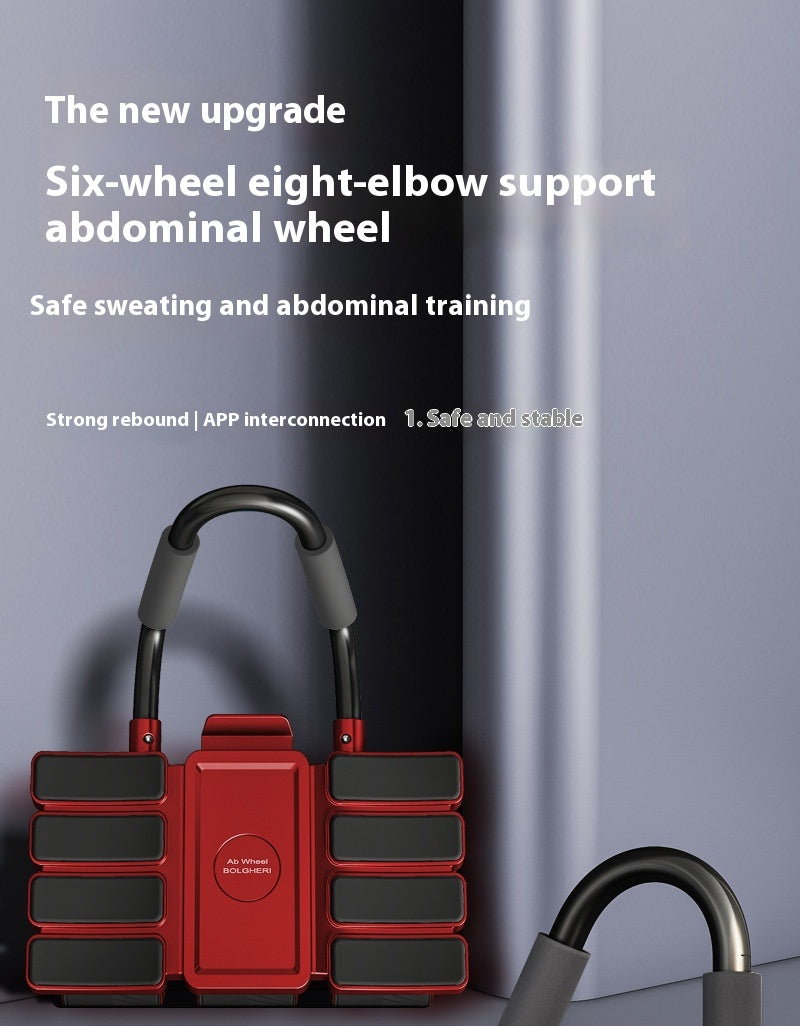 Red and black six-wheel abdominal support wheel with eight elbow supports and a padded handle, shown on a dark gray and light gray background with promotional text.