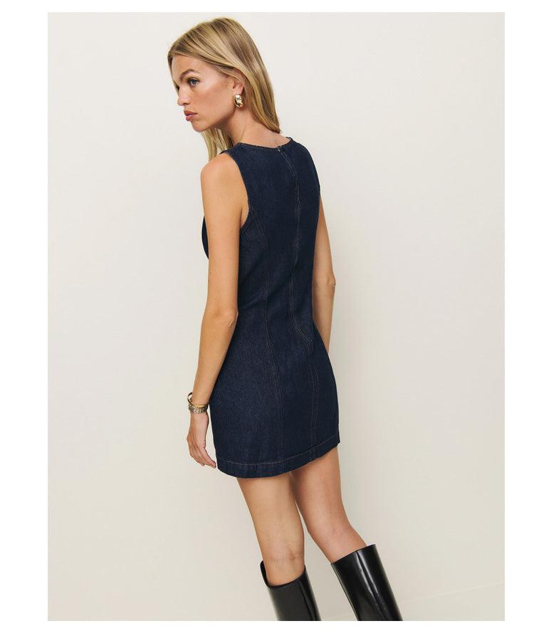 French Fashion Round Neck Slim Fit Denim Sleeveless Dress