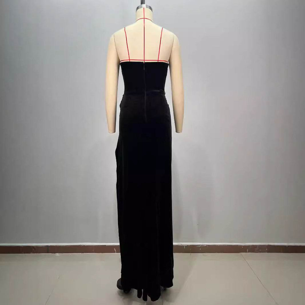 Women's Black Bandeau Slim-fit Drilling Slit Cocktail Evening Dinner Dress - EX-STOCK Canada