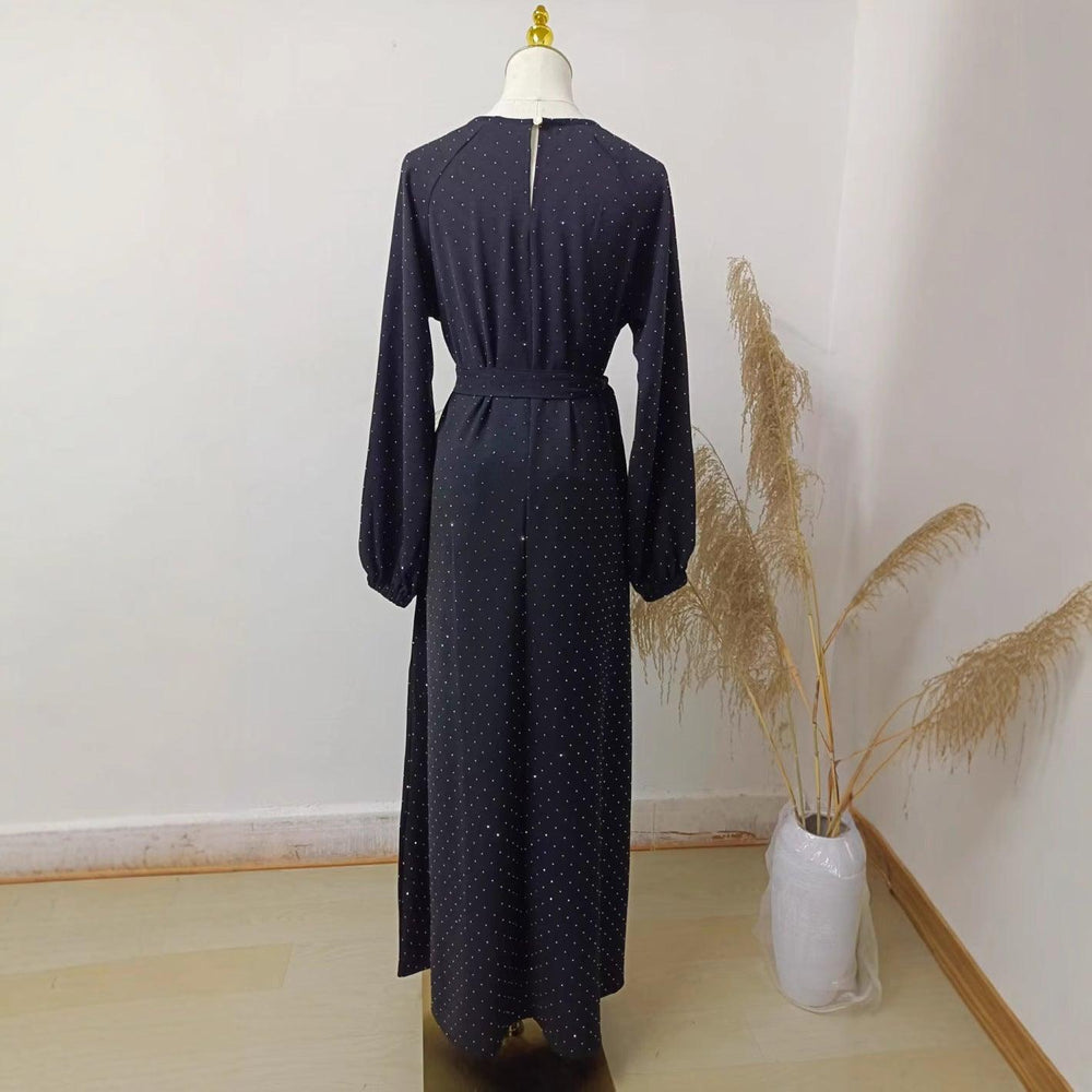 Muslim Rhinestone Dubai Round Neck Pullover Belt Dress - EX-STOCK Canada
