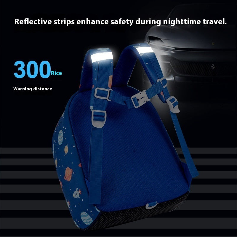 Blue backpack with reflective strips on a dark background