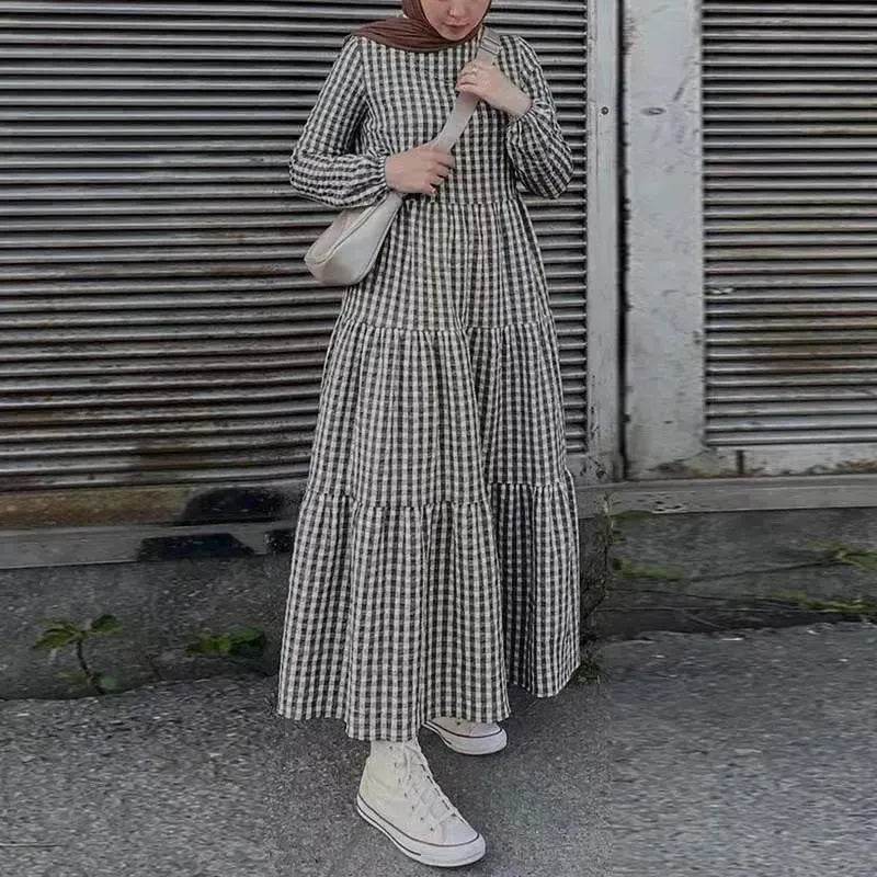 Middle East Plaid Long Sleeve Elastic Sleeve Round Neck Loose Waist Casual Dress Checked Casual dress for Arabfor Women - EX-STOCK Canada