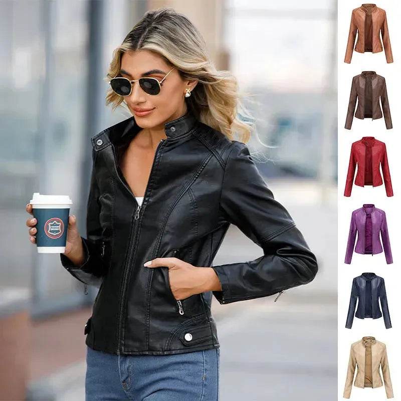 Fashioned European and American Slim fit stand collar Leather jacket for women - EX-STOCK Canada