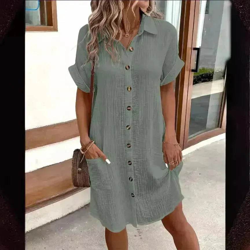 Womens Button Down Shirt Dress Summer Cotton Linen Dress V-Neck Mini Dress Casual Short Sleeve Loose Tunic Dresses - EX-STOCK Canada