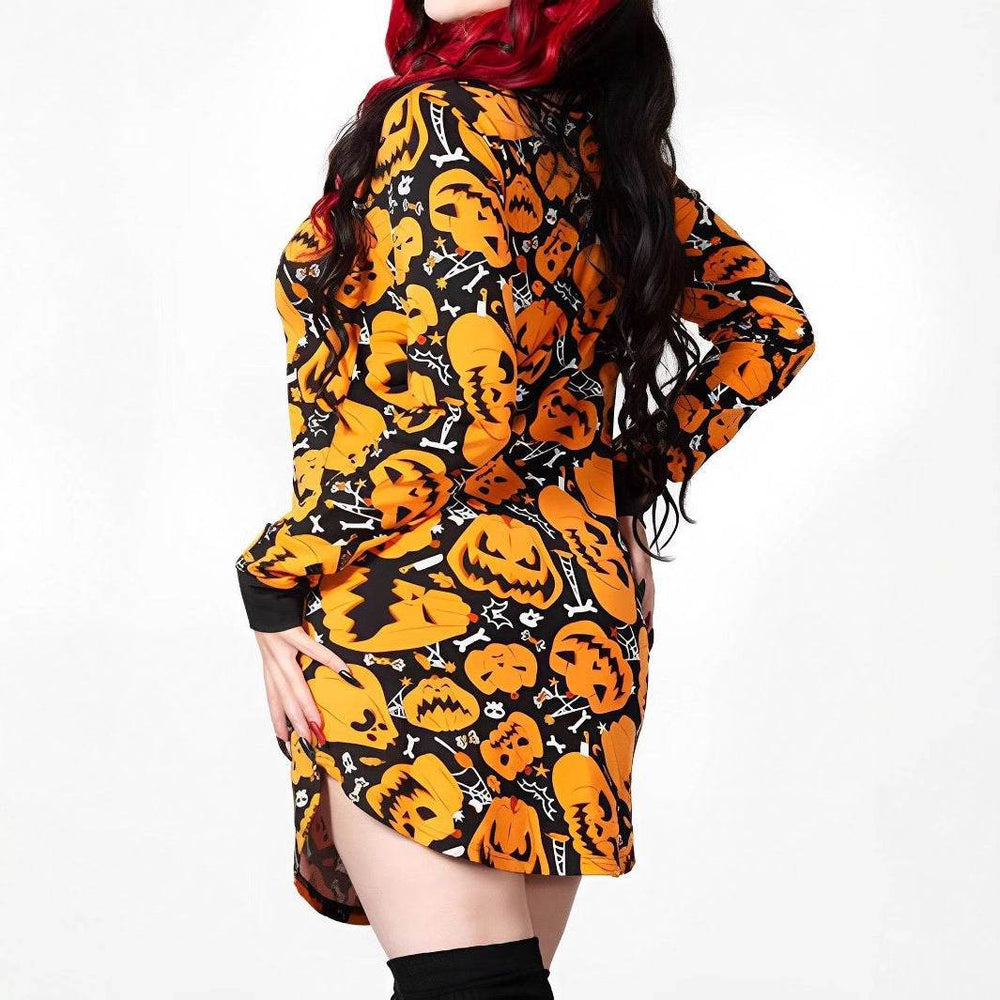 Halloween Printed Round Neck Long Sleeve Plus Size Dress - EX-STOCK Canada